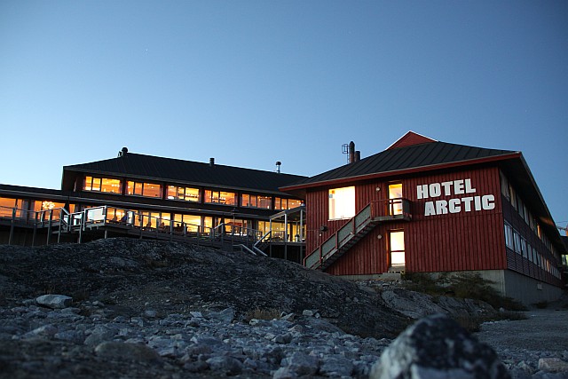 Hotel Arctic, perched high on the rocky cliff above the Icefjord.