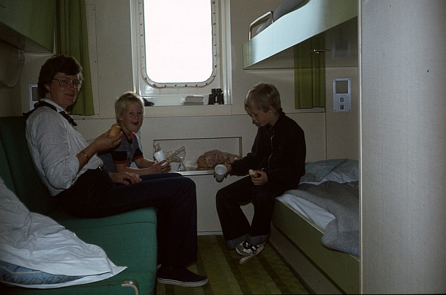 My mother, brother and me in our 4-berth outside cabin on Tor Britannia. Looks normal for 2014 standards, but this was definitely something new in 1979!