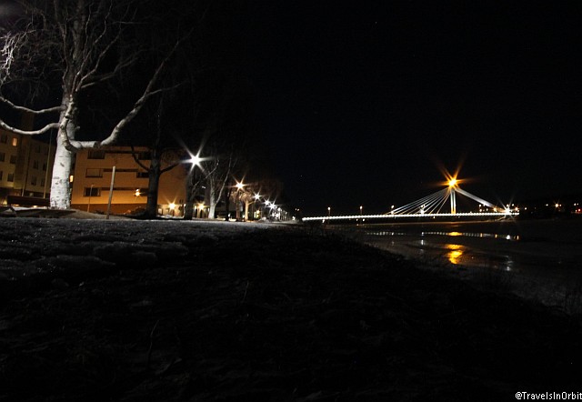 After dinner we make a walk through the city, visiting the new Angry Birds playground and walking along the banks of the mostly frozen Kemijoki River.  The Jätkänkynttilä (Lumberjack Candle) Bridge is one of the most notable landmarks of the city.