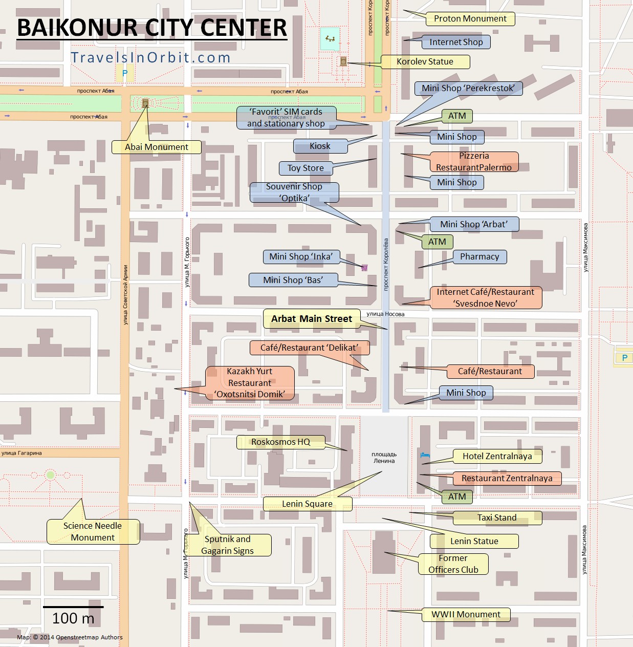 The south-eastern corner of Baikonur is considered city center, with the pedestrian area locally known as 'Arbat', that ends in old Lenin Square. (Click to open map)