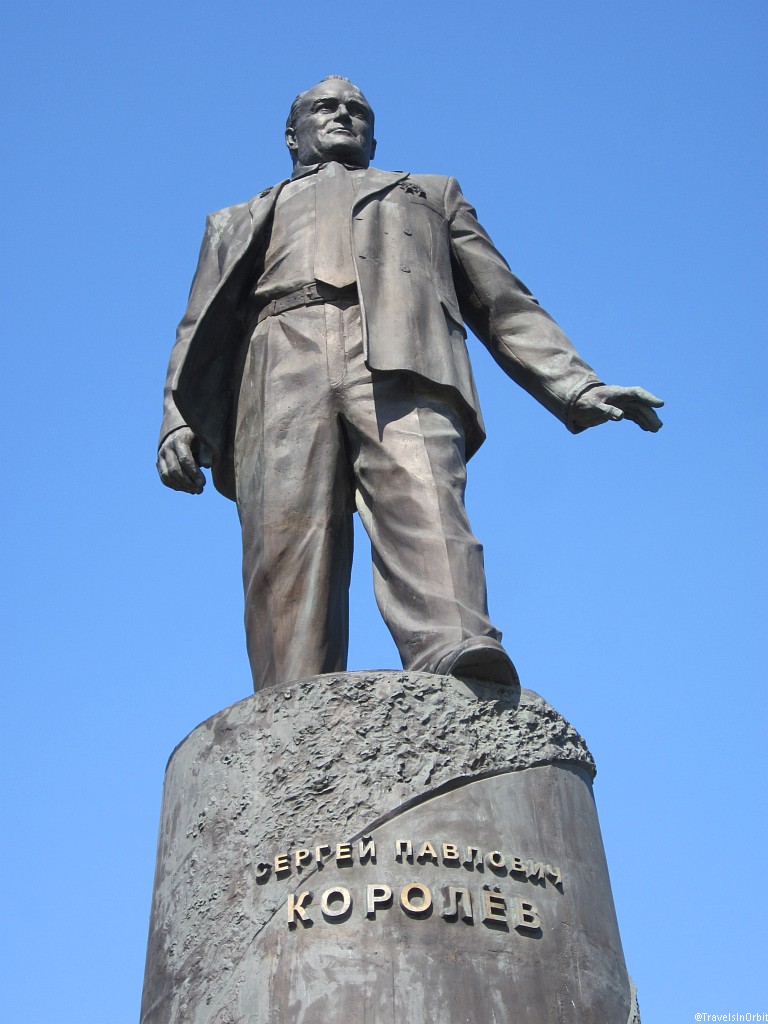 A large statue of Korolev sits on one of the sides. This one replaced a smaller stone buste in 2011.