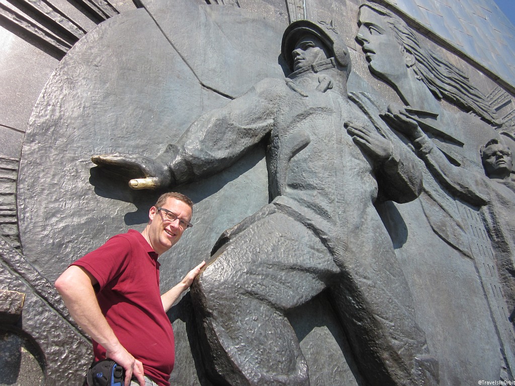 The two sides of the monument contain a Soviet-style storyboard of all space heroes, lead on the eastern side (this picture) by Yuri Gagarin.