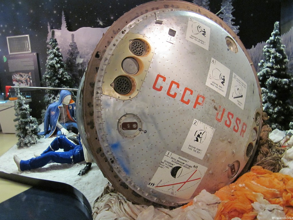 Another original capsule is this Soyuz TM-7, that carried cosmonauts Volkov, Krikalyev and French research cosmonaut Jean-Loup Chrétien to the MIR space station on 26 November 1988. It is now in a display showing the Arctic survival capabilities of a Soyuz crew.