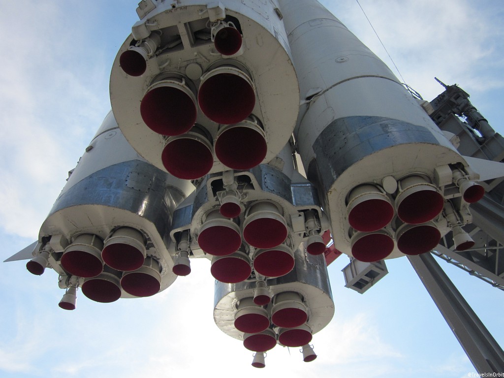You can stand directly underneath the five RD-107/108 engines, with their distinct groups of four nozzles each. A great place for rocket photography!